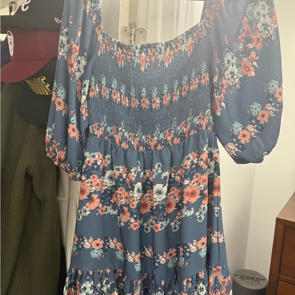 Flying Tomato Blue Smocked Dress with Floral Accents